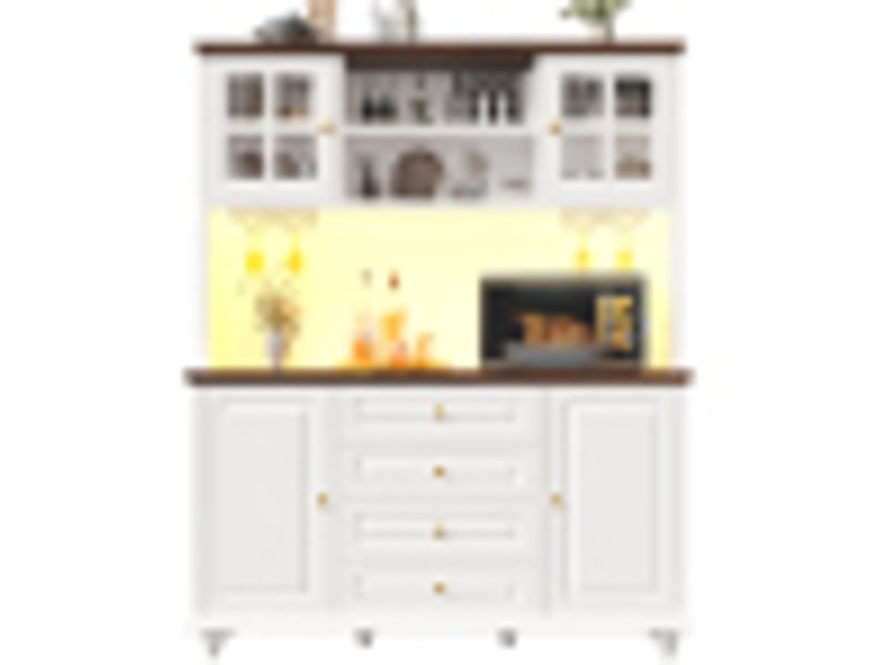 Buffet haut, coloris blanc, 140 × 40 × 179,5 cm, mdf, métal et pieds en hévéa, led rgb, porte-verres métal, 4 tiroirs - Conforama A