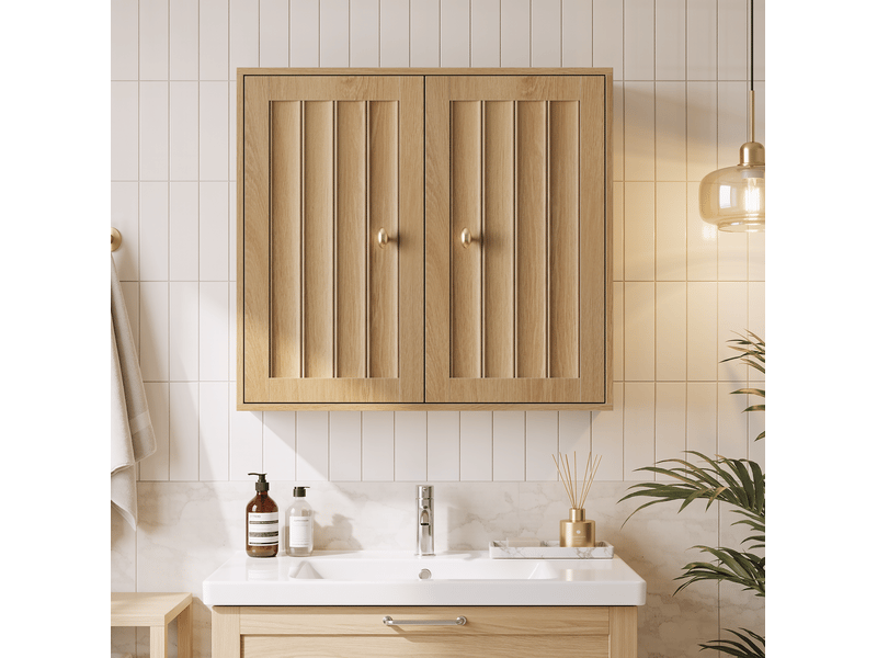 Armoire de salle de bain murale avec 2 portes et rangement fermé, poignées dorées, coloris chêne, 61,5 × 20 × 56 cm - Conforama D