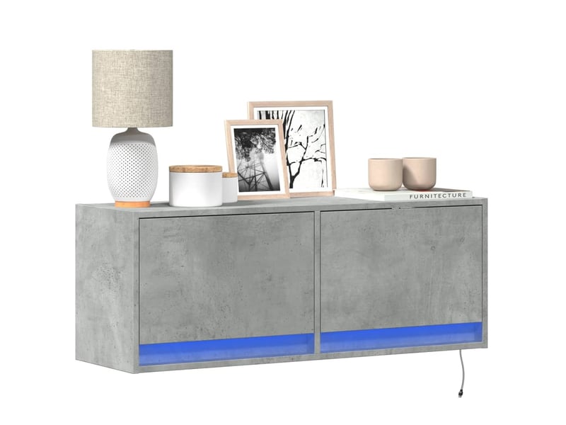  Meuble tv - banc tv - meuble de rangement mural avec lumières led gris béton 100x31x35 cm  - Conforama B