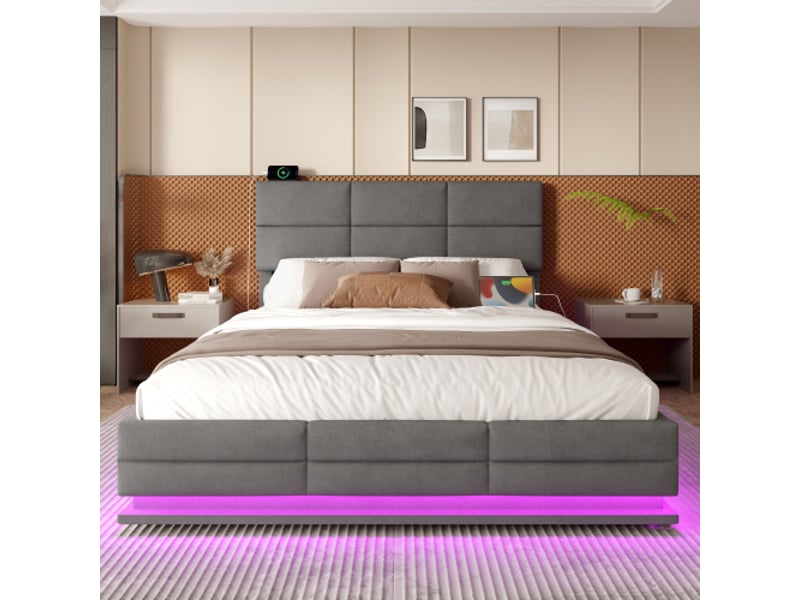  Lit velours gris 140x200 cm - tête réglable électrique, usb-c, led, levage hydraulique, rangement, sans matelas  - Conforama D