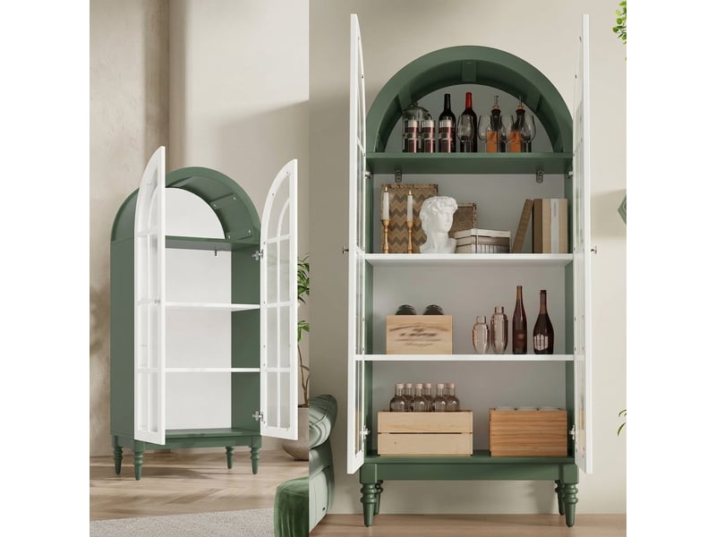  Buffet de cuisine vitrine vert 165 cm avec portes en verre strié et 3 étagères, design arqué  - Conforama E