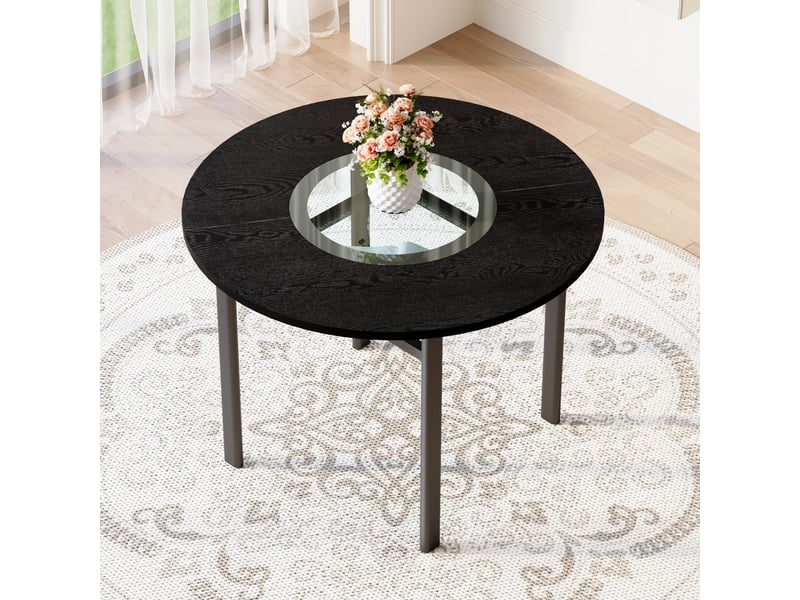  Table de salle à manger ronde 2 à 4 personnes avec étagère en verre, diamètre 100 cm, mdf noir  - Conforama B