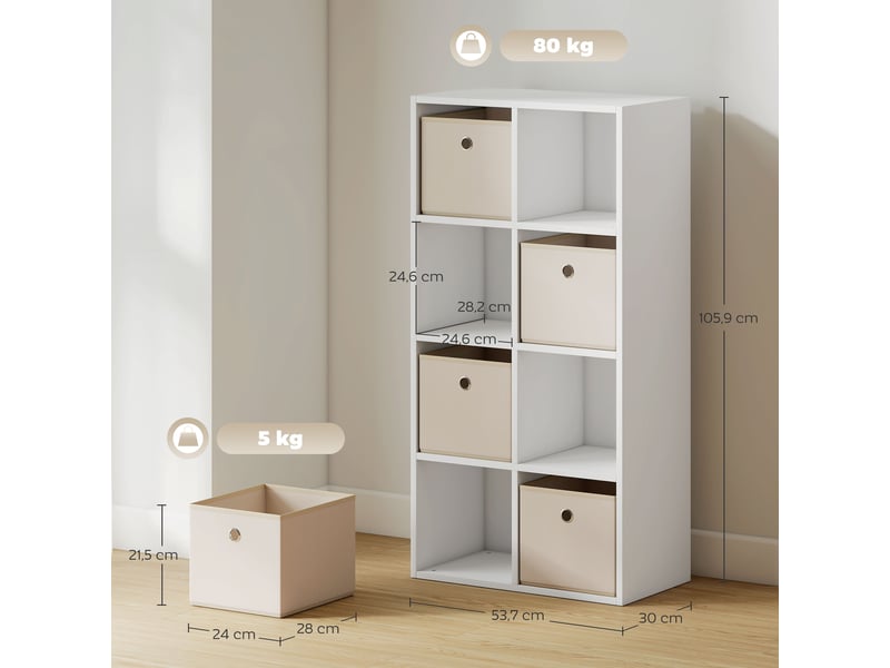 Étagère cubique 8 compartiments + 4 tiroirs tissu, pose horizontalvertical, blancbeige, 105,9×30×53,7 cm - Conforama E