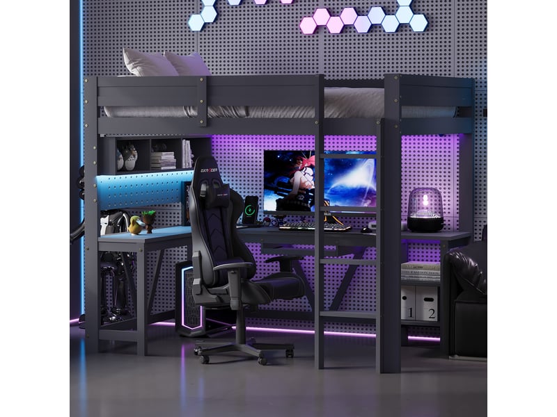 Lit mezzanine enfant 90x200 cm avec bureau intégré, rangement et éclairage led 7 couleurs, bois gris - Conforama D