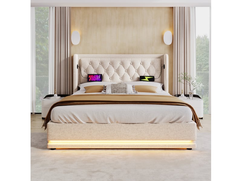  Lit coffre tcqpz 160 x 200 cm beige en coton usb type-c led  - Conforama E