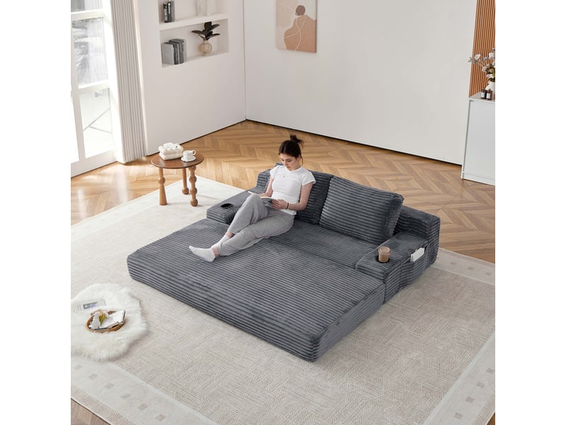  Canapé droit-lit 2-en-1 en velours côtelé, 2 coussins déco, porte-verres et rangements, 62x180x85 cm, gris  - Conforama D