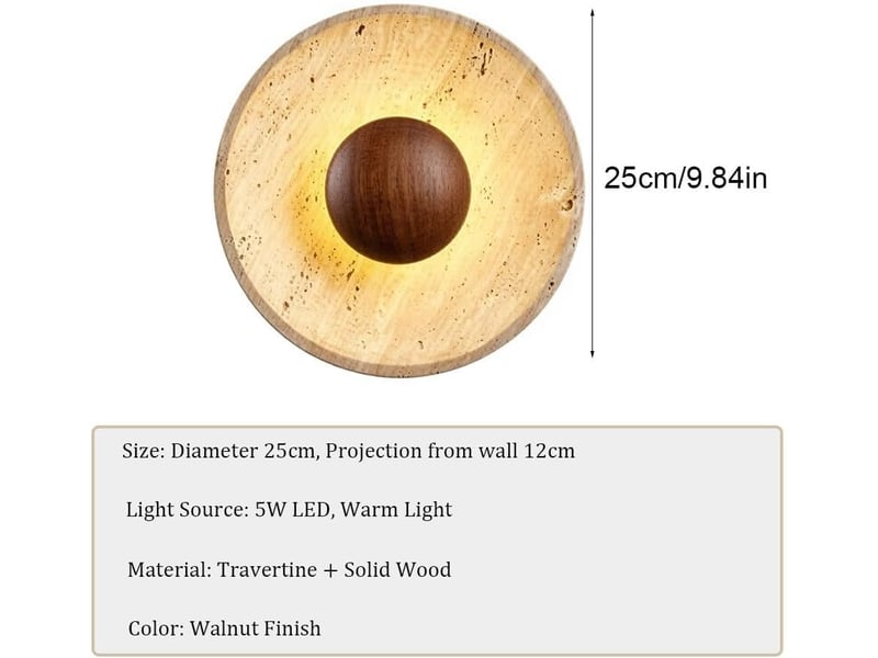  Applique murale en travertin style wabi-sabi lampe murale en travertin jaune naturel avec bois de noyer massif  - Conforama E