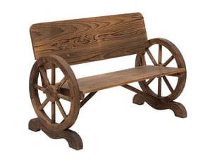 Banc jardin 2 places bois massif, accoudoirs, design roue chariot, max 250 kg, rustique, 114x58x80 cm, marron.