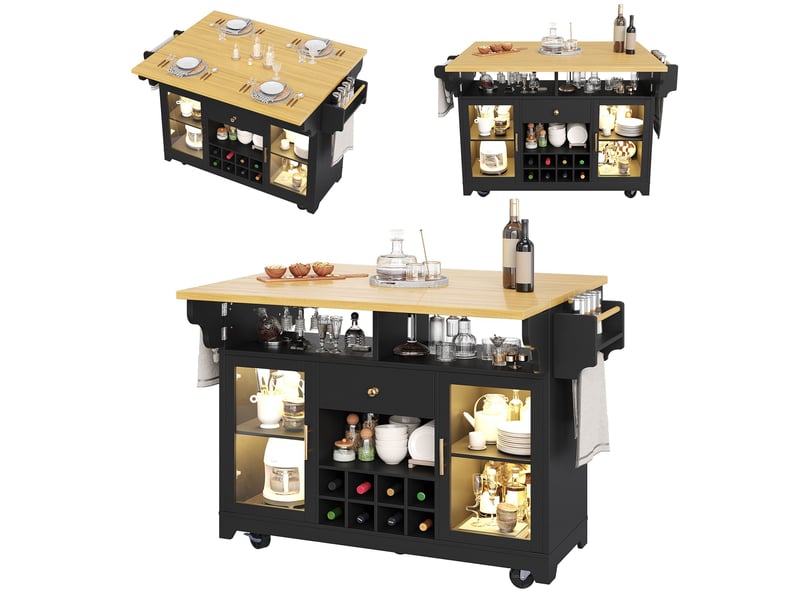 Îlot central de cuisine extensible noir 2 étagères réglable roulettes led casier à vin verre coins arrondis mdf cuisine moderne - Conforama A