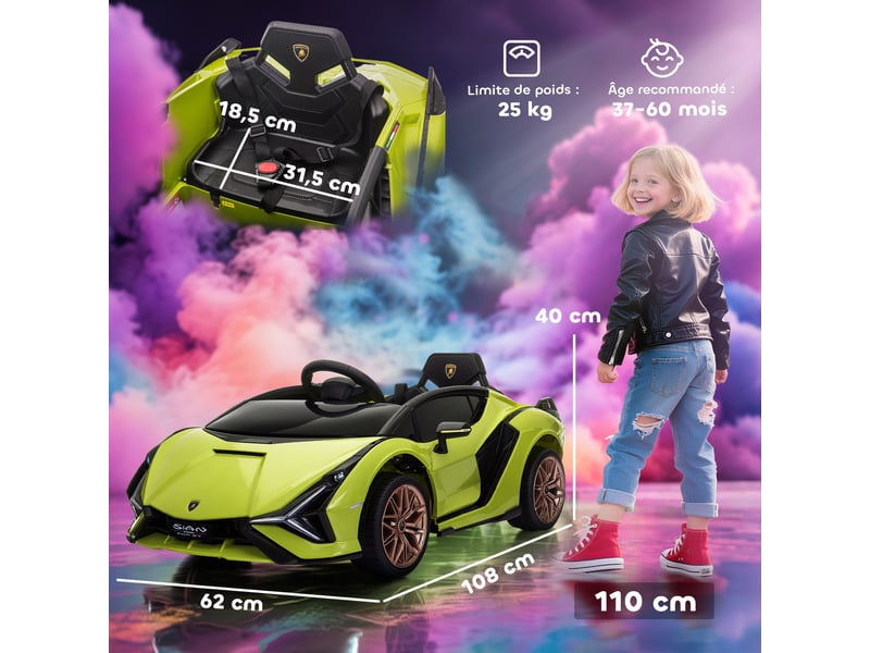  Voiture électrique enfants de sport véhicule électrique lamborghini sian 12 v - v. Max. 5 kmh avec télécommande 2,4g effets sonores + lumineux vert  - Conforama E