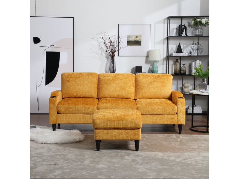  Canapé droit coffre avec pouf et rangement - 4 places - accoudoirs avec porte-gobelets et poches latérales - revêtement chenille - jaune  - Conforama C