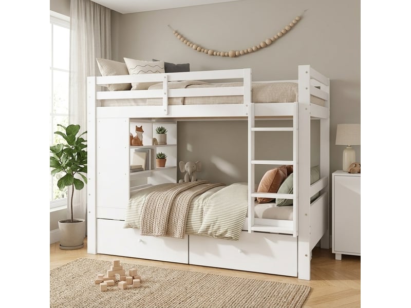  Lit superposé enfant 90 x 200 cm blanc avec 2 tiroirs, étagère ouverte et échelle  - Conforama B