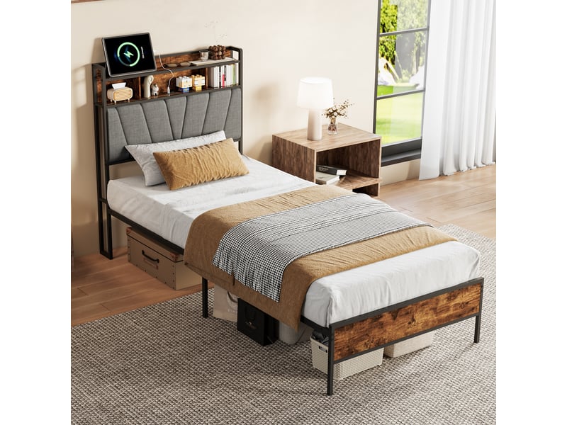  Lit simple 90 x 200 cm avec éclairage led, port usb et tête de lit, gris  - Conforama B
