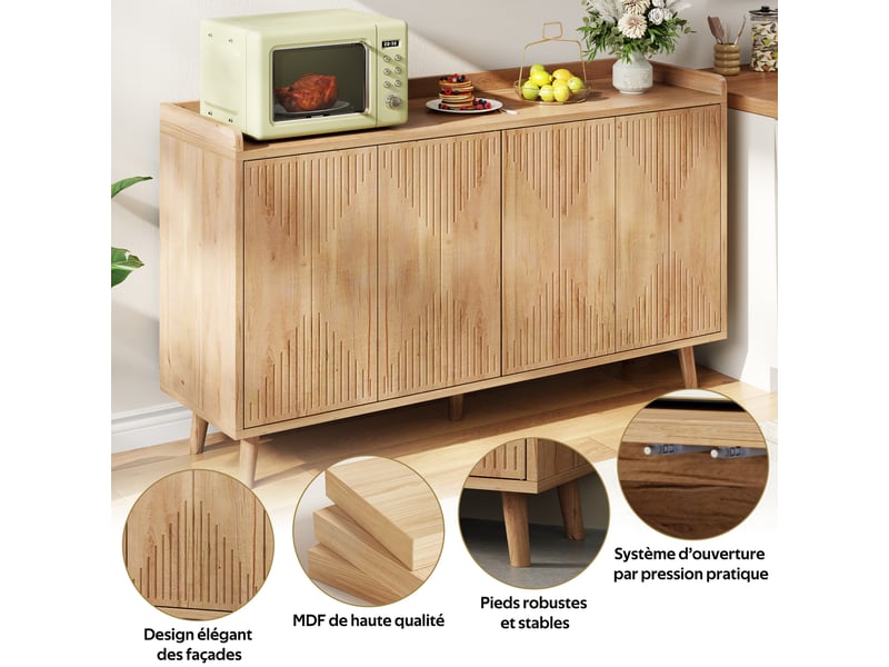 Buffet bas 140 x 40 x 84 cm en mdf, 4 portes, étagères réglables et plateau ouvert, rangement salle à manger, aspect bois - Conforama D