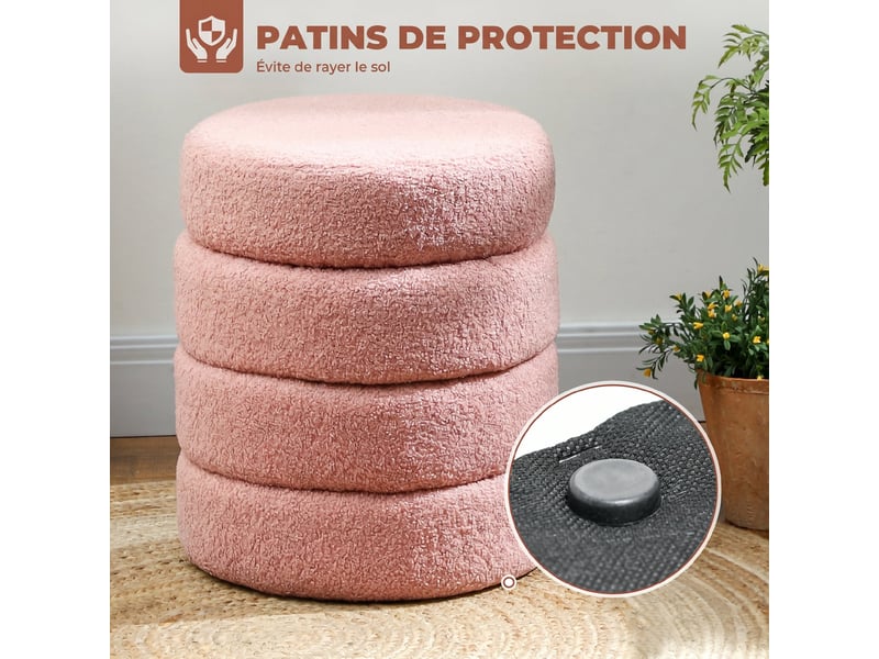  Repose pied salon, tabouret ottoman rond rembourré en peluche teddy, pour chambre à coucher, entrée, ø 40 x 45 cm, rose  - Conforama E