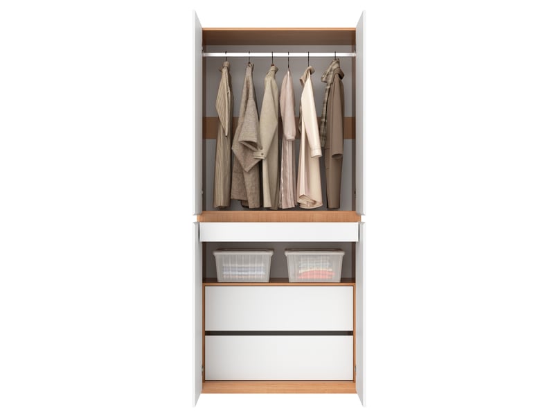  Armoire penderie 90x50x200 cm, 4 portes, 1 barre de penderie, 2 tiroirs, mdf et panneau de particules, blanc, chambre  - Conforama A