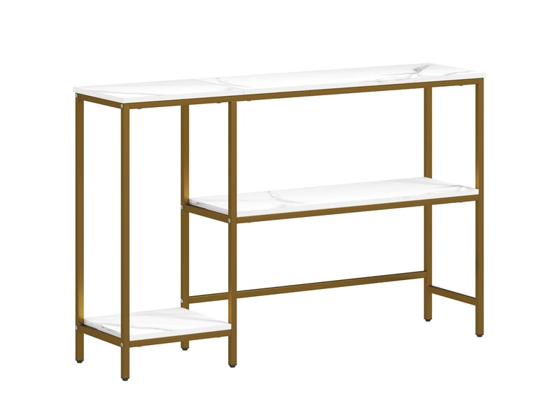  Console meuble 120 cm, table console 3 niveaux avec étagères de rangement, blanc et doré, plateaux imitation marbre  - Conforama B