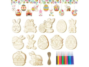 Kit loisirs creatifs pâques ornements bois a colorier 49 pieces marqueurs et cordelette