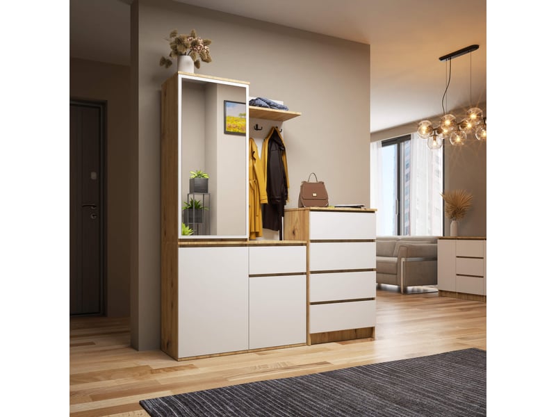  Ensemble de meubles d'entrée entro chêne artisan, blanc avec armoire et miroir 95 cm 3 portes 1 tiroir 7 étagères 95x35x183 cm Ensemble d'entrée ENTRO - Conforama E