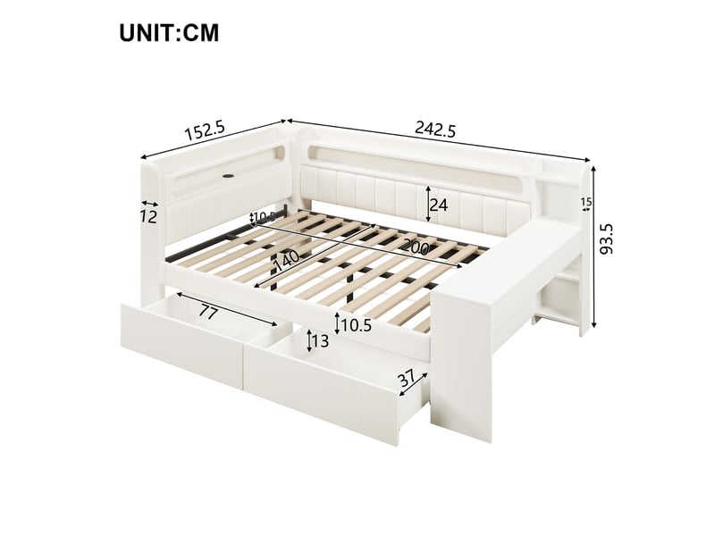 Lit plateforme 140x200 cm avec bureau, 2 tiroirs, led 7 couleurs, ports usb, tissu lin blanc, sans matelas - Conforama C