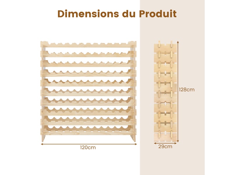 Range bouteille pour bouteilles, 120 x 29 x 128 cm, casier à bouteilles de vin avec étagères, porte bouteille en pin massif, grand espace superposable - Conforama C