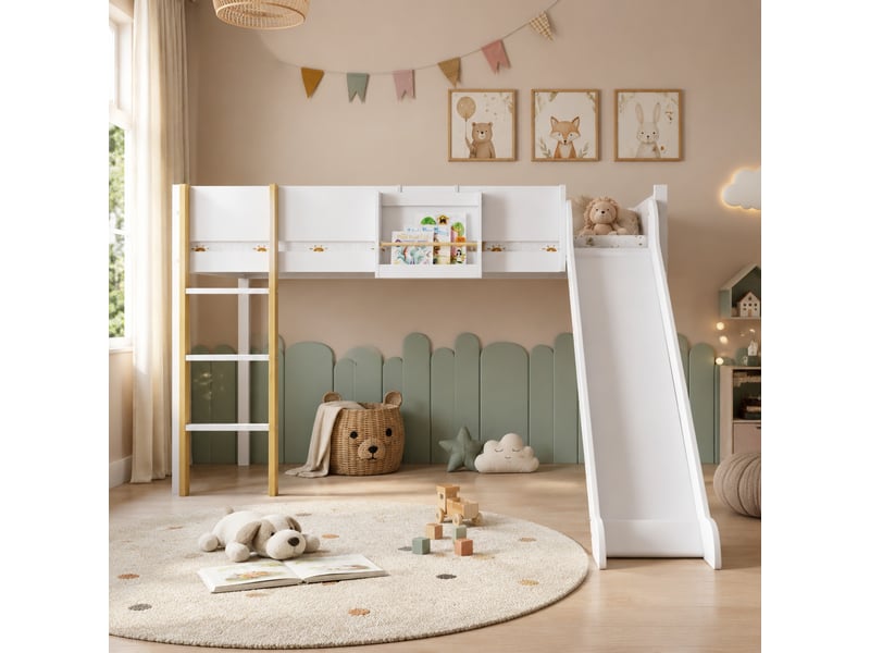  Lit mezzanine enfant 90x200 cm avec toboggan, échelle et étagère blanc naturel  - Conforama B