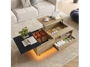 Table basse 103,5x50x27,5 cm avec led, tiroir, rangement caché, plateau réglable, bois d'ingénierie, naturel et noir