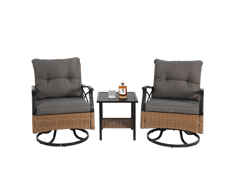 Salon de jardin extérieur 2 fauteuils pivotants 360 degrés et table, acier et résine tressée marron gris - Conforama A