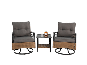 Salon de jardin extérieur 2 fauteuils pivotants 360 degrés et table, acier et résine tressée marron gris