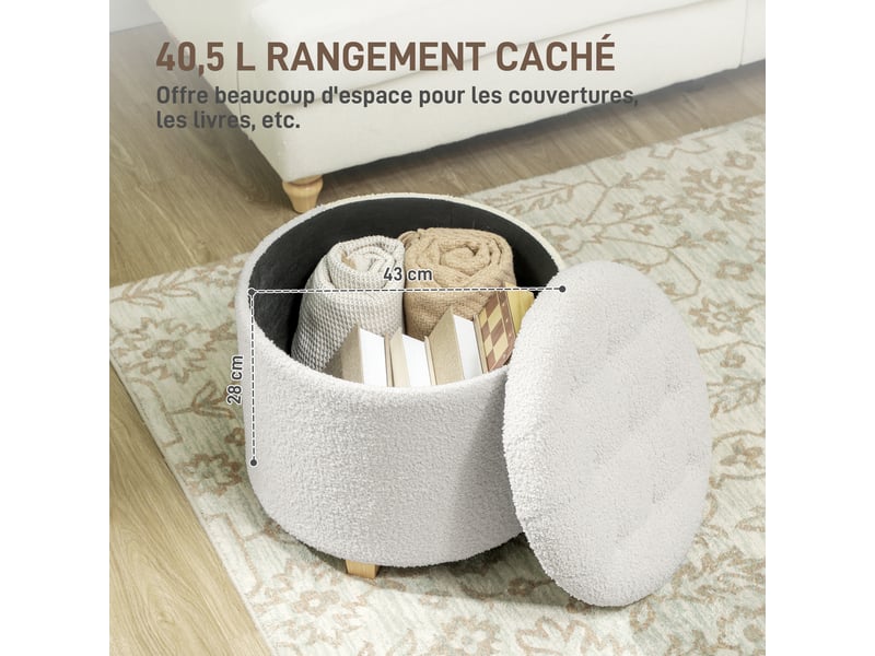  Pouf coffre rangement, tabouret rond, pouf repose-pieds en tissu bouclette, charge 120 kg, blanc,  45 x 41 cm  - Conforama A