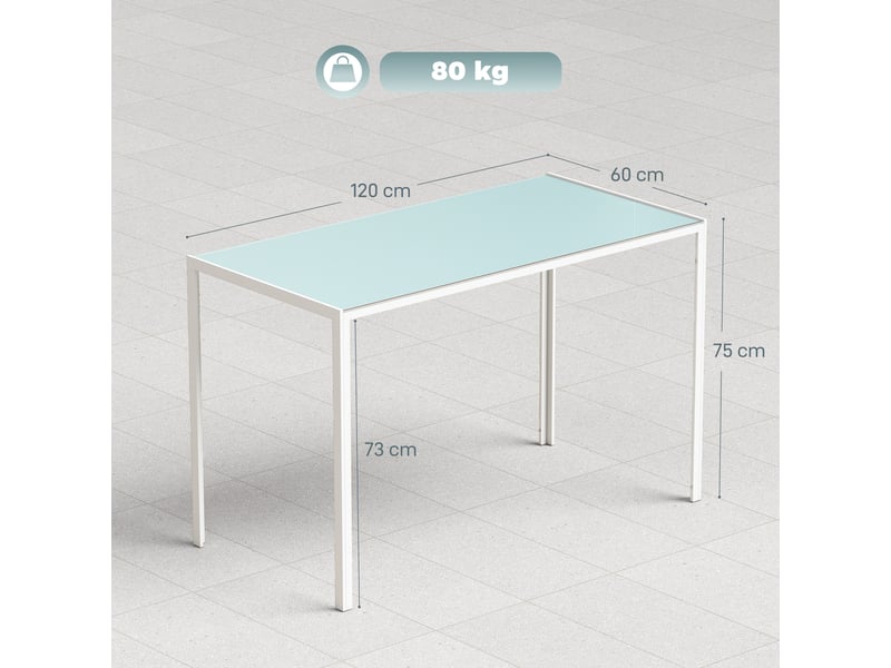  Table à manger pour 4 personnes, table de cuisine avec plateau en verre trempé et pieds en métal, 120x60x75cm, blanc  - Conforama E