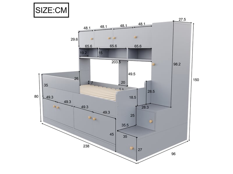  Lit enfant modenvie 90 x 200 cm avec rangements, échelle et led multicolore gris  - Conforama C