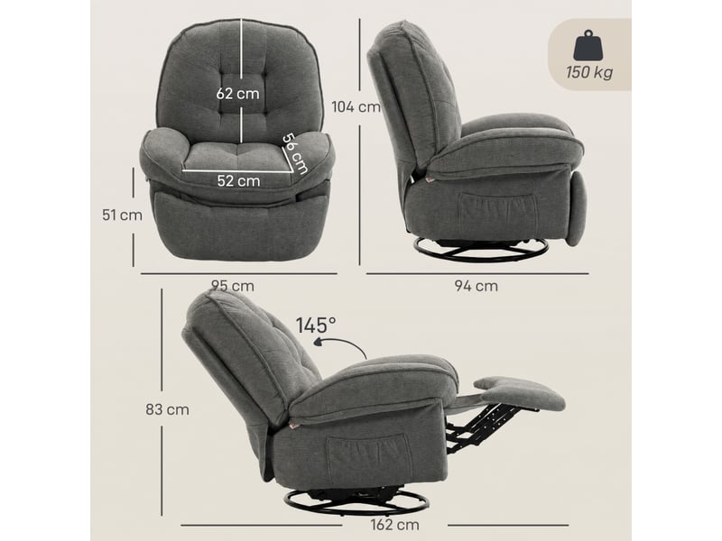  Fauteuil relax inclinable gris, pivotant à 360°, assise à ressorts ensachés avec repose-pieds pour salon  - Conforama C