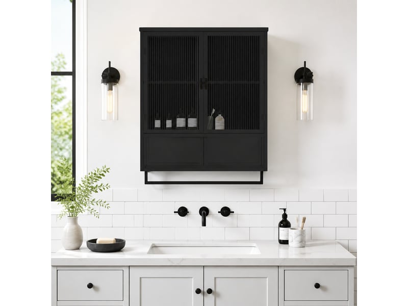 Armoire murale 2 portes vitrées avec niche ouverte et porte-serviettes pour salle de bain, noir, 60 × 23 × 78 cm - Conforama C