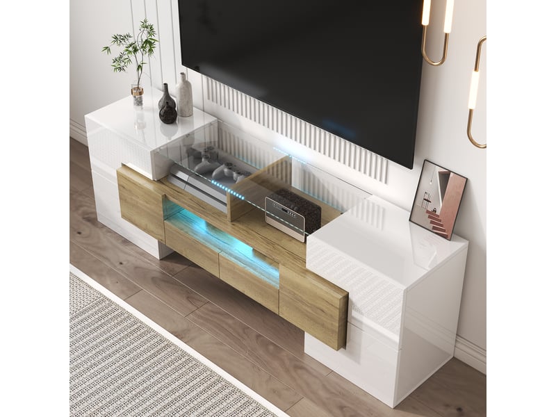  Meuble tv blanc brillant 145 cm avec led multicolore, banc tv bois et blanc, surface en verre pour salon moderne  - Conforama W