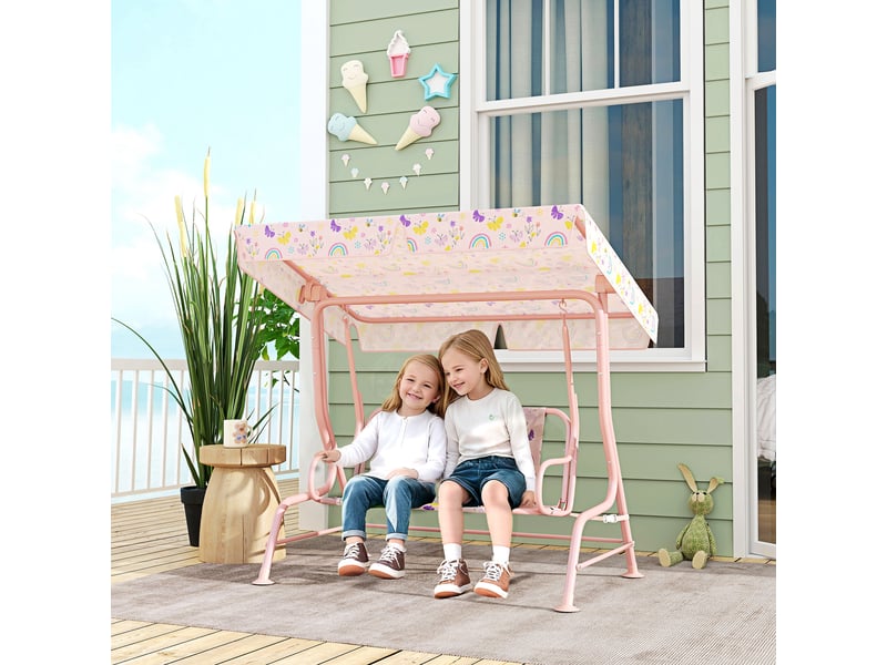  Balançoire de jardin extérieure pour enfants de 3 ans et plus, avec auvent réglable et harnais de sécurité, 112 x 75 x 120 cm, rose  - Conforama B