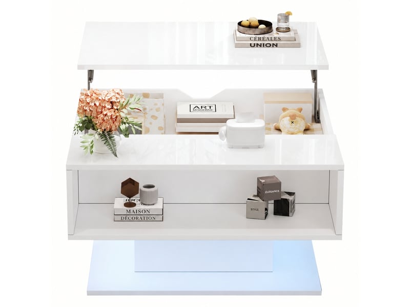  Table basse relevable led avec rangement, plateau 40 à 54 cm, 80 x 75 cm, blanc brillant  - Conforama A