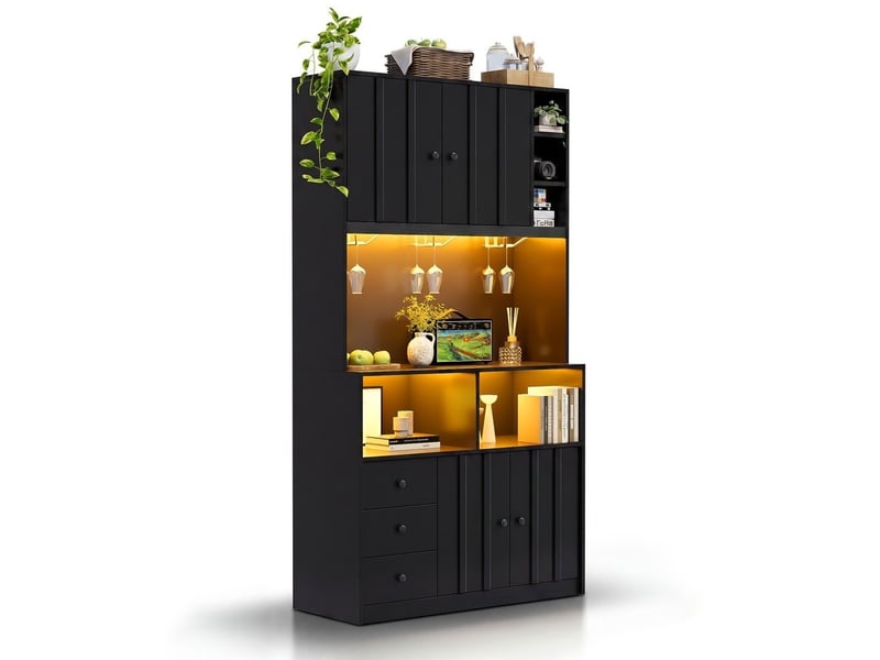  Servers, sideboards &amp; buffets - armoire de cuisine haute 180 cm avec led, étagère de cuisine avec prise, casier à vin et v - mdf - noir - 100 x 40 x 180 cm - usage domestique - installation simple N635P4664101112S - Conforama E