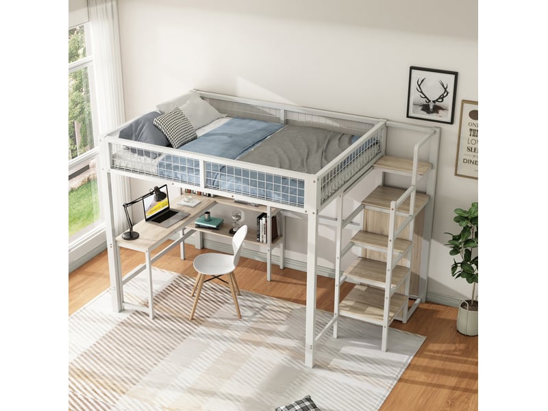 Lit mezzanine 140x200 cm en métal et mdf avec bureau, étagères et armoire blanche - Conforama D