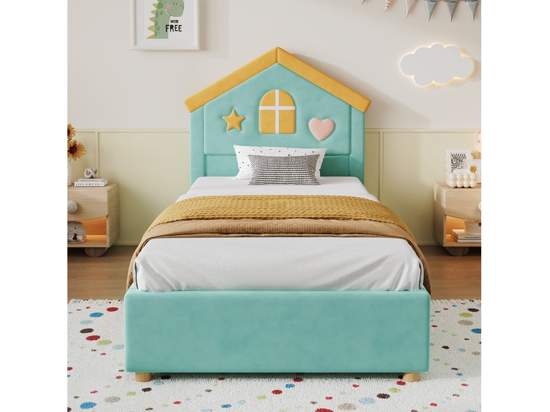  Lit avec rangement enfant 90x200 cm en velours bleu-vert avec tête de lit maison et 4 tiroirs  - Conforama E