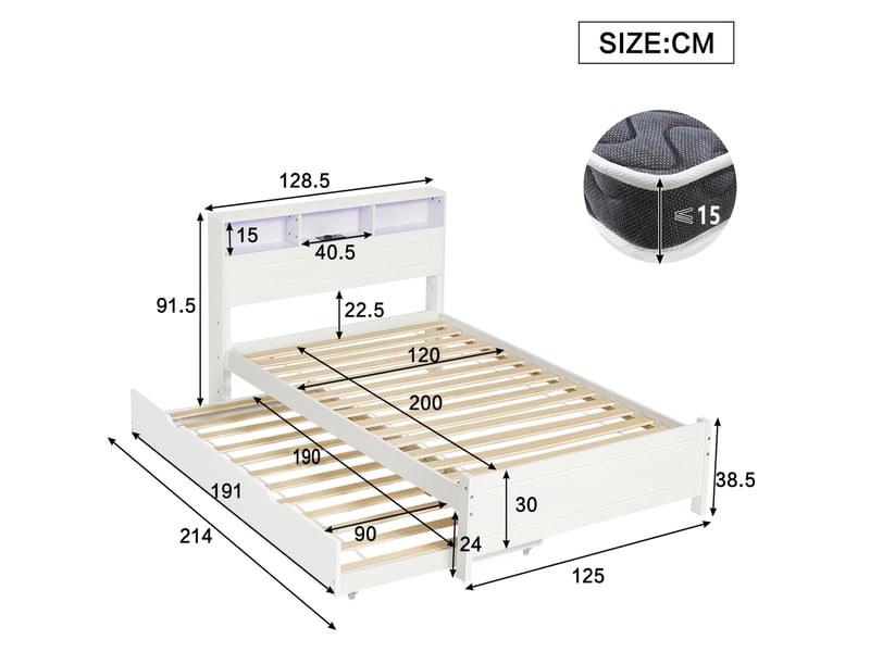  Lit 2 places 120x200 cm – blanc – lit gigogne 90x190 cm, led, prise intégrée et rangement  - Conforama C