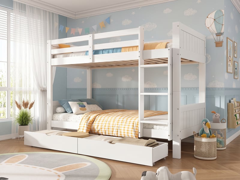 Lit superposé 90 × 200 cm, séparable en 2 lits, 2 tiroirs et échelle latérale intégrée, structure en pin et mdf, blanc - Conforama B