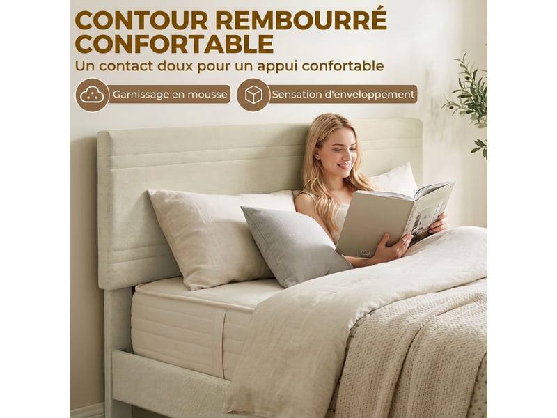  Cadre de lit 160 x 200 cm avec sommier en bois, rembourré en effet lin, cadre en acier, 9 pieds robustes, beige  - Conforama D