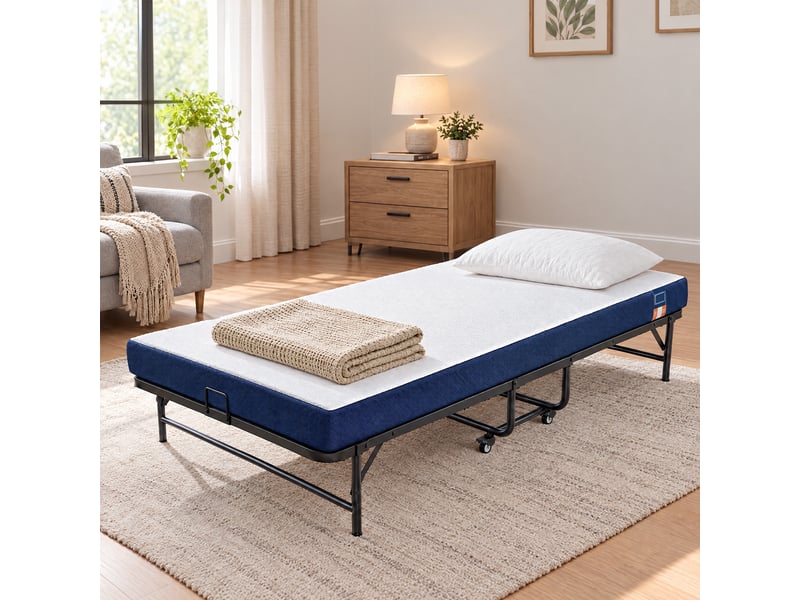 Lit pliant pour adulte avec sommier et matelas épais, sur roulettes, 190 x 80 cm, bleu - Conforama B