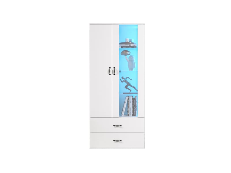 Vitrine led avec 2 portes, 2 tiroirs et 5 compartiments de rangement pour salon, blanc, 59,5 × 35 × 182 cm - Conforama A
