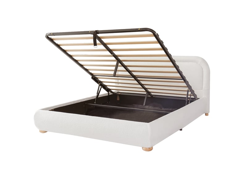  Lit 160x200 cm tissu bouclé blanc avec tête rembourrée, sommier à lattes, rangement hydraulique, sans matelas  - Conforama E