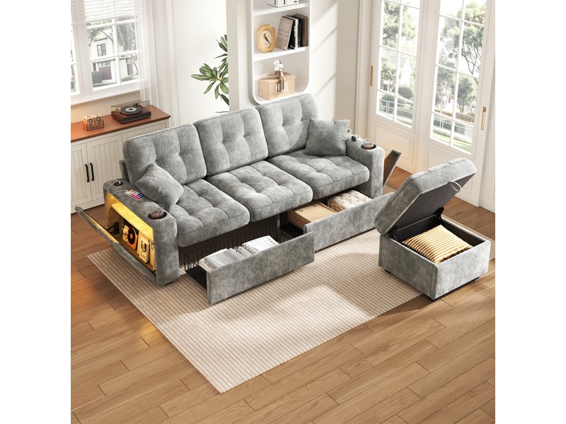  Canapé modulaire avec rangement, ports usb-c, led, porte-gobelets et coffre, en chenille gris foncé  - Conforama B