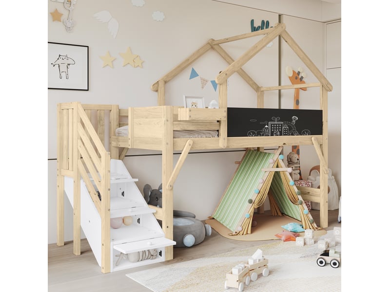 Lit superposé enfant avec toit et escalier de rangement 90x200 cm blanc naturel - Conforama C