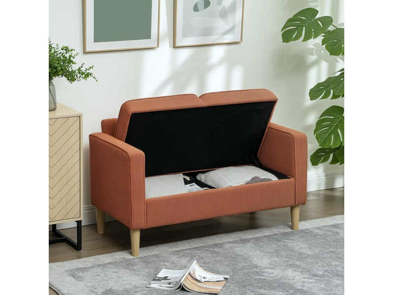  Canapé 2 places compact avec rangement 117 x 63 x 79 cm, revêtement effet velours côtelé, pieds en bois, orange  - Conforama D