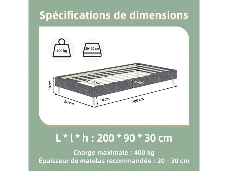  Cadre de lit 90x200 cm gris en velours hollandais - structure solide sans tête de lit  - Conforama C